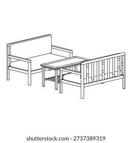 Outline illustration of a modern sofa set in perspective view featuring two double seater sofas and a rectangular coffee table. Minimalist furniture line art with depth for interior visualization.