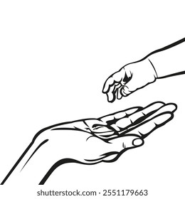 Outline Illustration of Mom and Baby Hands pose 3. A baby’s tiny hand resting in a mother’s palm, symbolizing love, care, and bond.