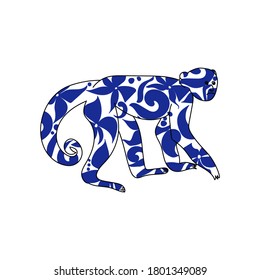 ilustración de un mono con patrones florales en azul, símbolo del año según el horóscopo oriental, silueta vectorial de un animal para el diseño y la creatividad