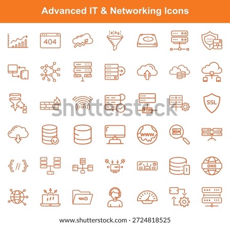 Outline illustration of IT and networking elements related to data, servers, security, cloud services, connection, and communication. Contains symbols for data storage, security, and web connectivity.