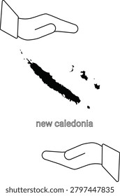 Outline illustration of New Caledonia map with two hands supporting it.