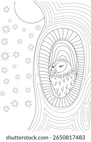 Outline illustration of a nocturnal owl nestled in its tree home under a starry sky, ready for creative coloring and artistic expression.