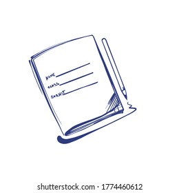 Ilustración de esquema de un bloc de notas con un lápiz. Ilustración vectorial en un fondo blanco. Para un logo, para íconos en redes sociales.