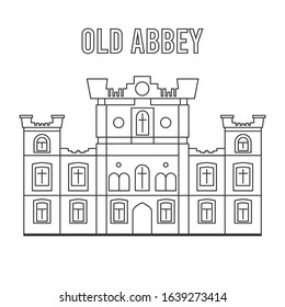 Outline illustration of an old three story building. Thin line abbey or castle, European architecture style, with two towers on sides. Reminds a creepy place with ghosts or a sanitarium.