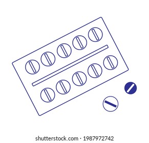 The outline illustration on a white background is depicted as a blister with medical pills or vitamins.