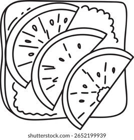 Um esboço ilustração de um sanduíche de fruta laranja, fatias de citrinos na torrada, ideal para alimentos saudáveis ou ícones do café da manhã