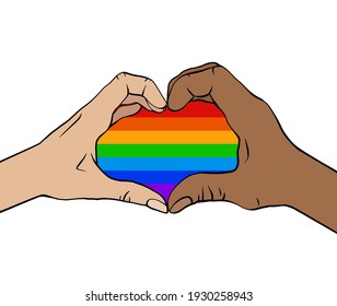 Outline illustration of a pair of human hands in rainbow heart. Greeting card love of same sex pair for valentines day. Pride and freedom in feelings. Lgbt couples. Vector picture for cards, banners