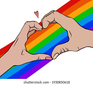 Ilustración de esquema de un par de manos humanas que dan gesto al corazón con bandera arcoiris. Amor a las personas del mismo sexo. Orgullo y libertad en sentimientos. Parejas LGBT. Imagen de contorno vectorial para tarjetas y tu creatividad.