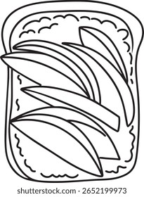 Um esboço ilustrativo de um sanduíche de fruta de pêssego, pêssegos fatiados na torrada, ideal para café da manhã doce ou ideias de sobremesa