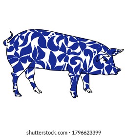outline illustration of a pig with floral patterns in blue, symbol of the year according to the eastern horoscope, vector silhouette of an animal for design and creativity