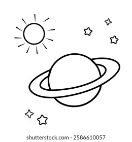 Outline Illustration of Planet with Rings Sun and Stars Space Themed Coloring Page for Kids and Astronomy Design Projects