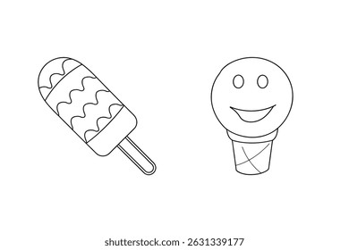 Ilustração do esboço de um picolé e cone sorrindo do sorvete em um fundo branco