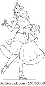 The outline illustration of a princess for colouring book