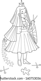 The outline illustration of a princess for colouring book