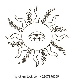 Ilustración esquemática del símbolo místico psicodélico en estilo artístico de los años 70. Esbozo gráfico retro groovy elemento del sol con un ojo, vigas onduladas y hojas. Símbolo pagano. Dibujo de boho vintage