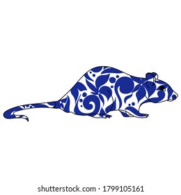 outline illustration of a rat with floral patterns in blue, symbol of the year according to the eastern horoscope, vector silhouette of an animal for design and creativity