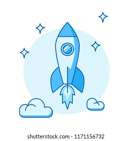 Outline illustration of a rocket. The startup is a blue image. Vector drawing of a rocket in the sky.