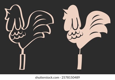 Outline illustration of a rooster or hen, the top of the house in the form of a bird, Christmas rooster, rooster lollipop, bird line illustration