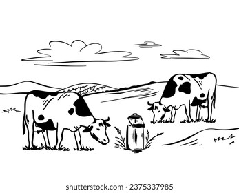 Esbozo de ilustración de un paisaje rural con una vaca pastoreando en un prado.