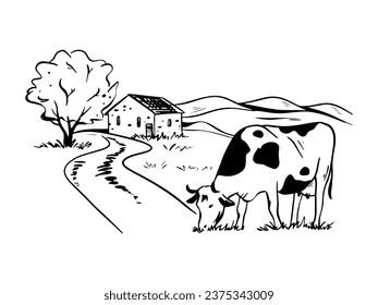 Outline illustration of a rural landscape with a cow grazing in a meadow.