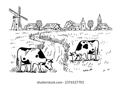 Outline illustration of rural landscape with houses and cows grazing in the meadow