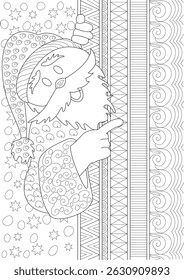 Outline Illustration of Santa Claus with Patterns for Coloring, Black and white outline illustration featuring Santa Claus peeking from the side, surrounded by stars and decorative patterns. Ideal
