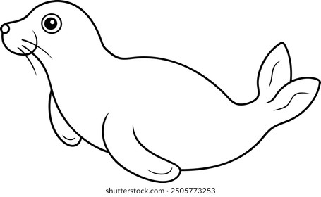 An outline illustration of a seal, lying on its belly with its flippers extended, drawn with rounded, simple lines on a white background.