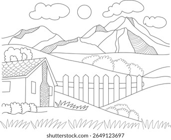Ilustração de contorno de uma serena paisagem de montanha com uma casa encantadora, cerca de piquete, arbustos exuberantes, e colinas rolantes, perfeito para livros de colorir crianças e projetos temáticos da natureza.