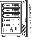 Outline illustration of a server rack with multiple stacked units, open door revealing ventilation, and cables connecting to a central hub.