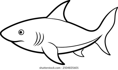 An outline illustration of a shark, depicted in mid-swim with its dorsal fin visible, drawn with sharp, streamlined lines on a white background.