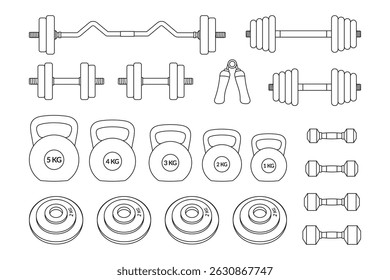 Outline illustration showcasing fitness equipment weights and exercise tools for strength training.