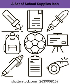An outline illustration shows a backpack, two types of pens, a soccer ball, a book, a clipboard with text, a whiteboard, and a whistle for educational and sport needs.
