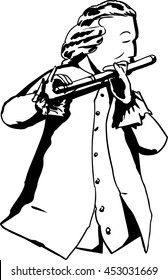 Outline illustration of single man in 18th century clothing and wig playing a flute