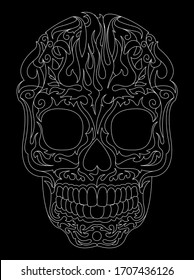 An outline illustration of a skull detailed in flame motifs, influenced by calaveras decorated for Dia de los Muertos, tattoo artwork, and automotive pin striping.