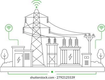 Outline illustration of smart grid infrastructure featuring power transmission, substation equipment, wireless monitoring, and energy connectivity.