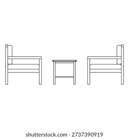 Outline illustration of a sofa set in side view, showing two double seater sofas and a rectangular coffee table in profile. Clean minimalist furniture line art for layout and architectural drawings.