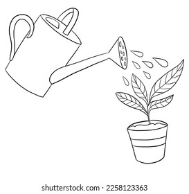 Outline illustration with spring, plants care, gardening, eco concept. Watering can and growing plant.