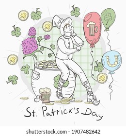 Outline illustration sticker banner in the style of childrens doodle for decoration designs on the theme of St. Patricks Day, A guy in a leprechaun costume sits on a pot of gold