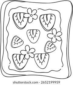 Um esboço de ilustração de um sanduíche de fruta de morango, fatias de morango na torrada, perfeito para projetos de café da manhã ou doce tratar
