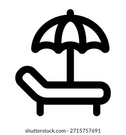 Ilustración de contorno de una cama solar con paraguas usando trazos negros limpios. Ideal para resorts de playa, temas de vacaciones, marketing de viajes, turismo de verano y diseños relacionados con el ocio.