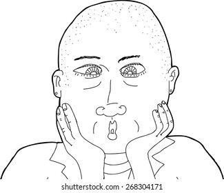Outline illustration of surprised lady with shaved head