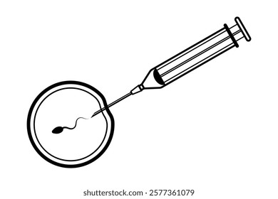 Outline illustration symbolizing IVF with a syringe and egg outline icon illustration