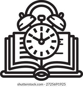 Ilustração de esboço simbolizando estudar disciplina prazo aquisição de conhecimento livro de texto de volume aberto com instrumento de relógio retro
