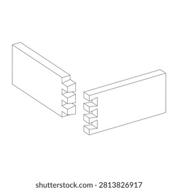 Outline illustration of a through dovetail joint, isolated on white background. Clean technical line drawing showing traditional woodworking joinery, cabinet construction, furniture assembly, and precision carpentry detail.