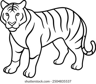 An outline illustration of a tiger, prowling forward with an intense gaze, depicted with simple lines on a white background.