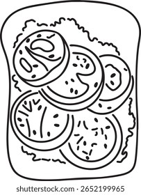 Um esboço ilustração de um sanduíche de tomate na torrada, tomates fatiados e alface, perfeito para ícones de alimentos saudáveis ou desenhos de arte de linha