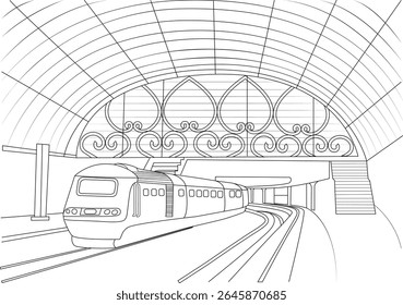 Ilustração esquematizada de um trem na Estação de Paddington, Londres. Desenho vetorial que representa o transporte ferroviário num terminal histórico do Reino Unido.
