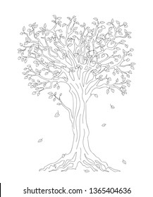 Outline illustration tree with roots and fall down leaves for kid and adult coloring book, tutorials. Home art print, decorate wall, logo, Earth Day flyer design. Isolated on white background. eps 10