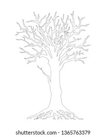 Outline illustration tree with roots and without leaves for kid and adult coloring book, tutorials. Print for home art, decorate wall, logo and flyer design. Isolated on white background. eps 10
