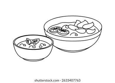 Outline Illustration Of Two Bowls Of Soup With Tomatoes And Basil Leaves